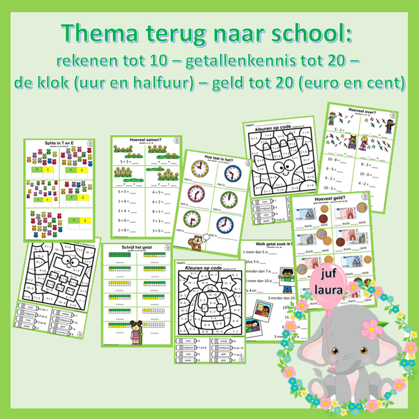 Thema terug naar school: rekenen tot 10 - getallenkennis tot 20 - klok - euro