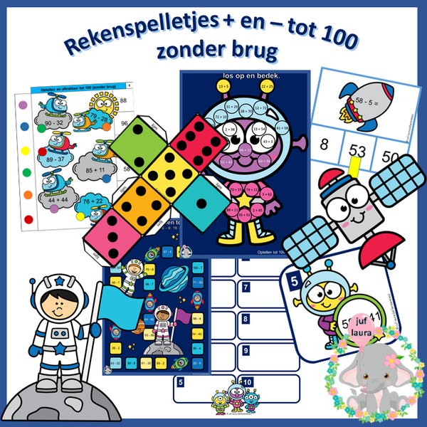 Rekenspelletjes + en -  tot 100 (thema in de lucht / ruimte)