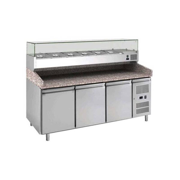 COMBO BANCO PIZZA REFRIGERATO+ SOVRASTRUTTURA REFRIGERATA - 2000x800mm - con 3 ante - incl. vetrina refrigerata a LED - 10x GN 1/4