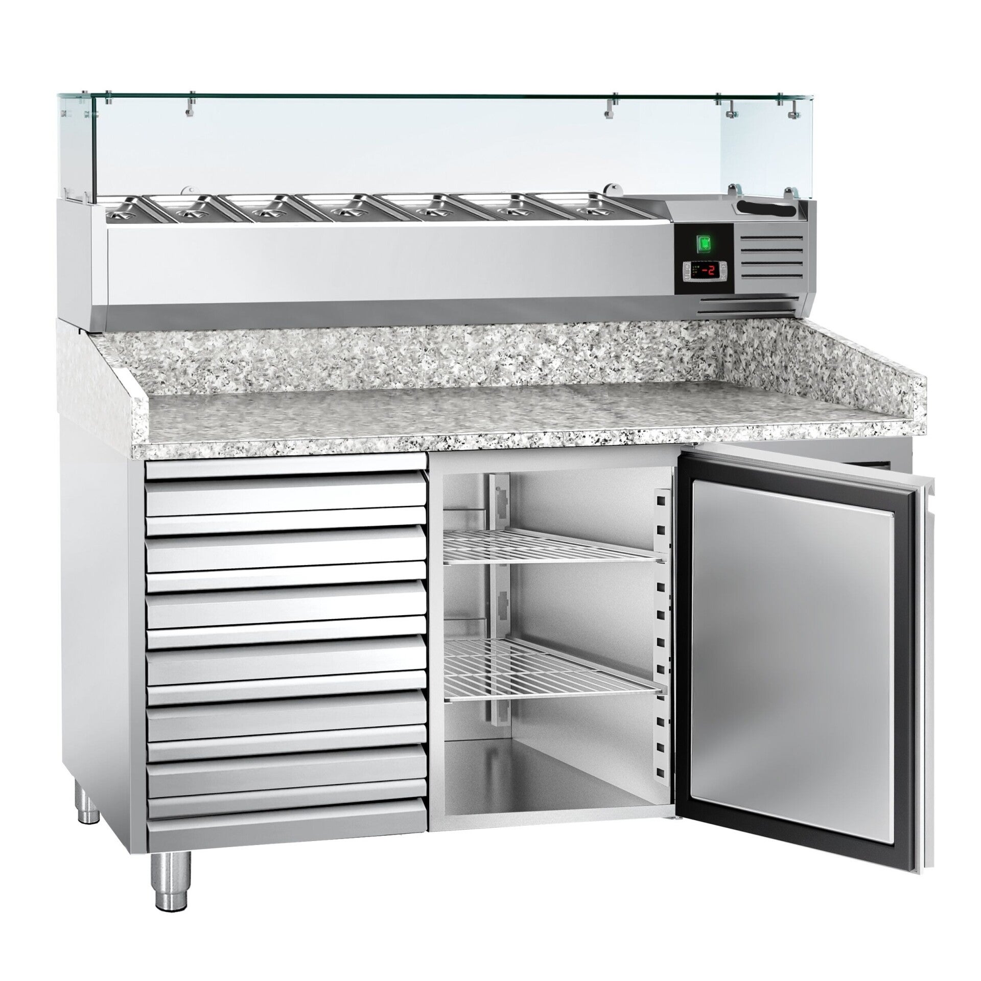 COMBO Tavolo refrigerato per pizza - 1500x800mm - con 1 anta e 7 cassetti - incl. vetrina refrigerata - 7x GN 1/4