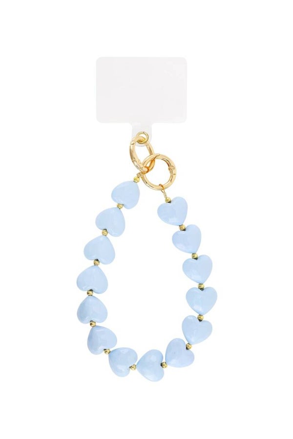 Telefoonkoord hartjes met gouden kraaltjes - Baby blue
