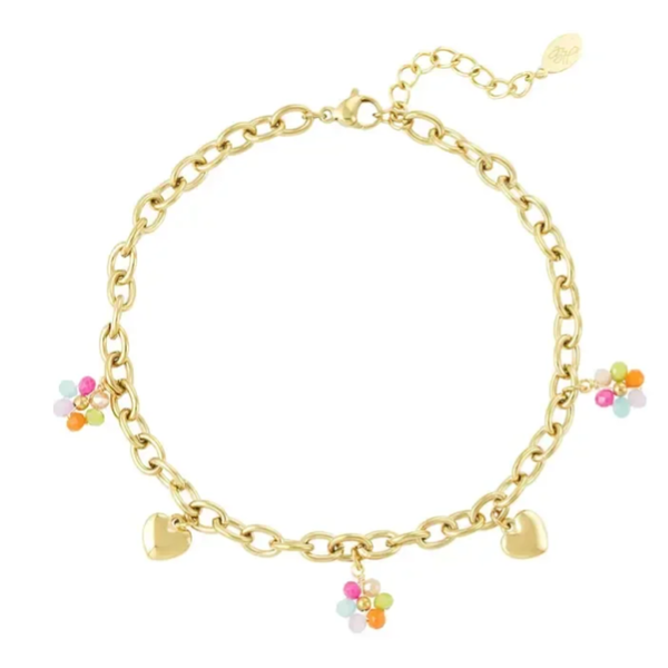 Enkelbandje met hartjes en bloemtjes - goud