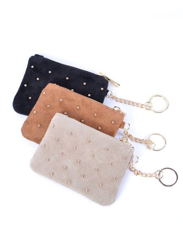 Echt leren sleuteltasje met studs - Beige