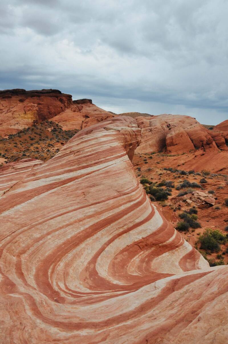 Formation géologique de grès strié rose et orange à Fire Wave, Valley of Fire Nevada