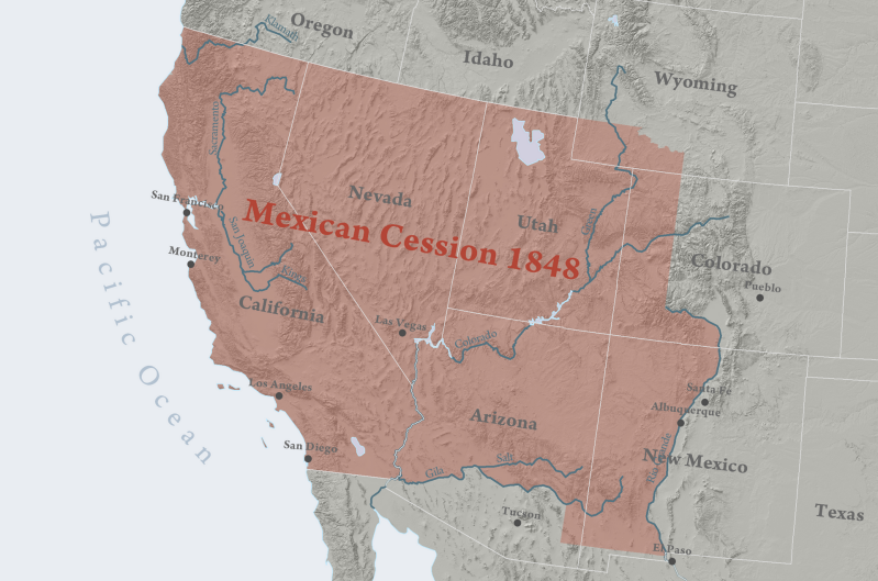 Carte historique de la cession mexicaine de 1848, à l'origine des cinq états de l'Ouest américain