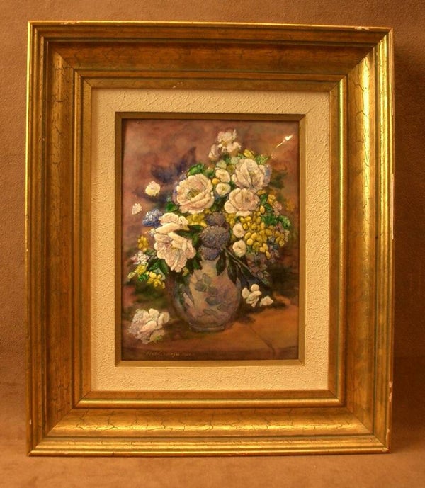 Tableau en émail de Limoges signé Fauré,  "Vase de fleurs" d'après Renoir
