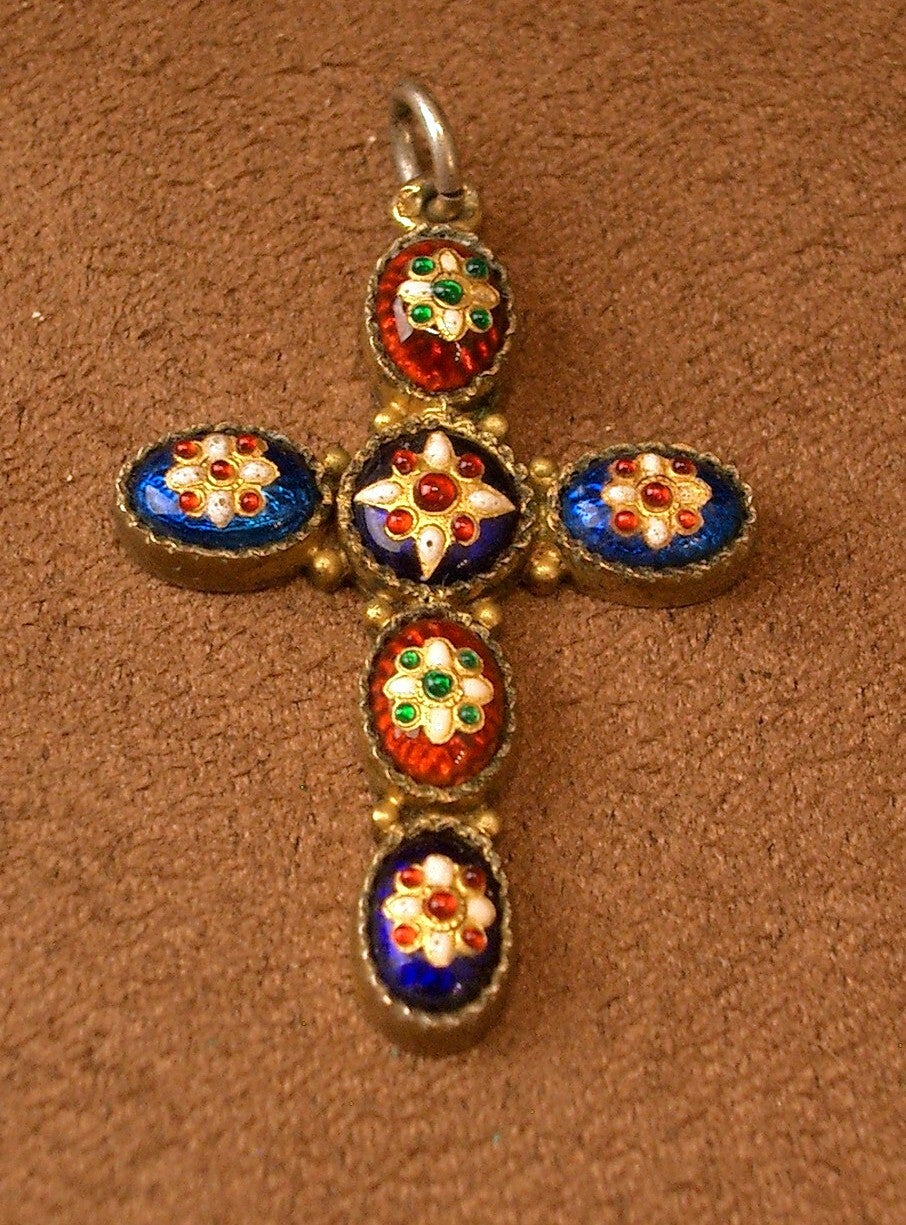 Bel ancien pendentif croix en argent massif et émaux bressans