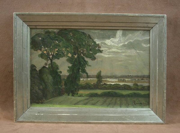 Peinture ancienne , huile sur carton paysage de l'Ain, étang de la dombes Bataillard
