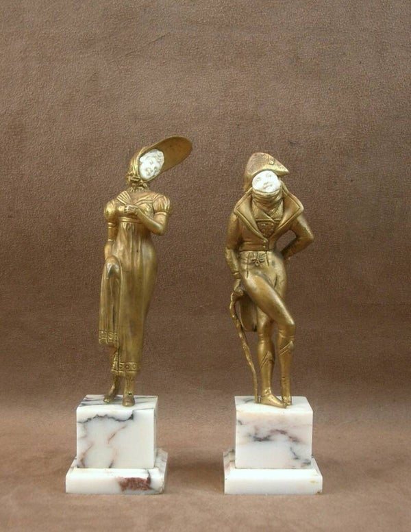 Couple d'élégants , Sculptures Chrysélephantines vers 1930 signées Degrange