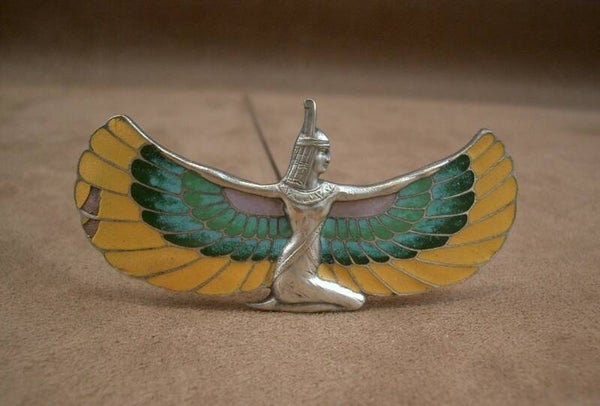 Epingle à chapeau ancienne Art Nouveau Egyptian Revival métal emaillé