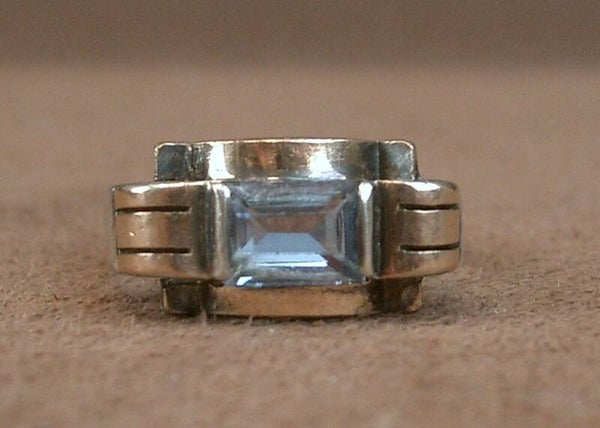 Bague Tank Art Déco or et argent et pierre bleue