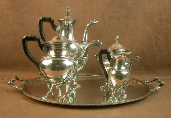 Superbe service à café et thé en métal argenté de Style Empire, 5 pièces fin du XIXe siècle