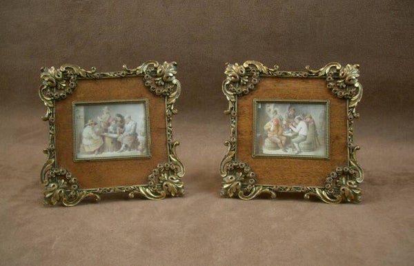 Paire de peintures miniatures, scène de Taverne école Flamande, fin du XIXe siècle
