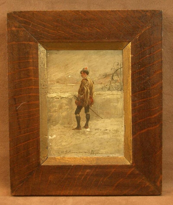 Belle petite peinture du XIXe siècle, Portrait de gentilhomme à l'épée, paysage enneigé