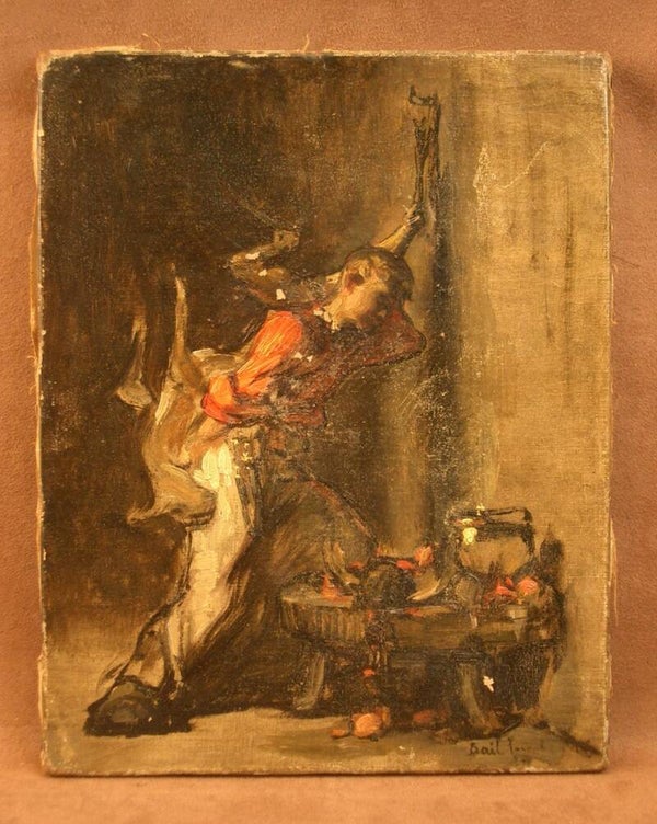 Huile sur toile du XIXe siècle, clair obscur, le petit cuisinier par Joseph Bail 1862-1921