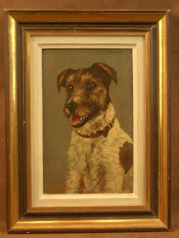 Peinture Huile sur Carton Portrait de chien Fox Terrier XXe siècle