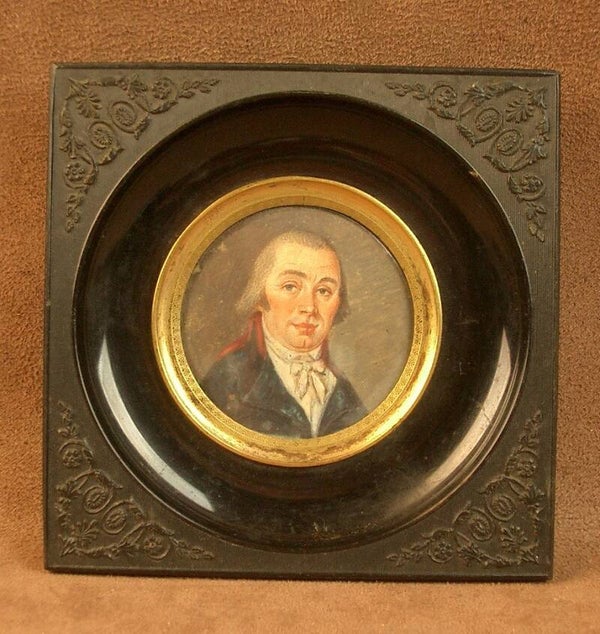 Peinture portrait d'homme miniature, cadre en ébonite XIXe siècle