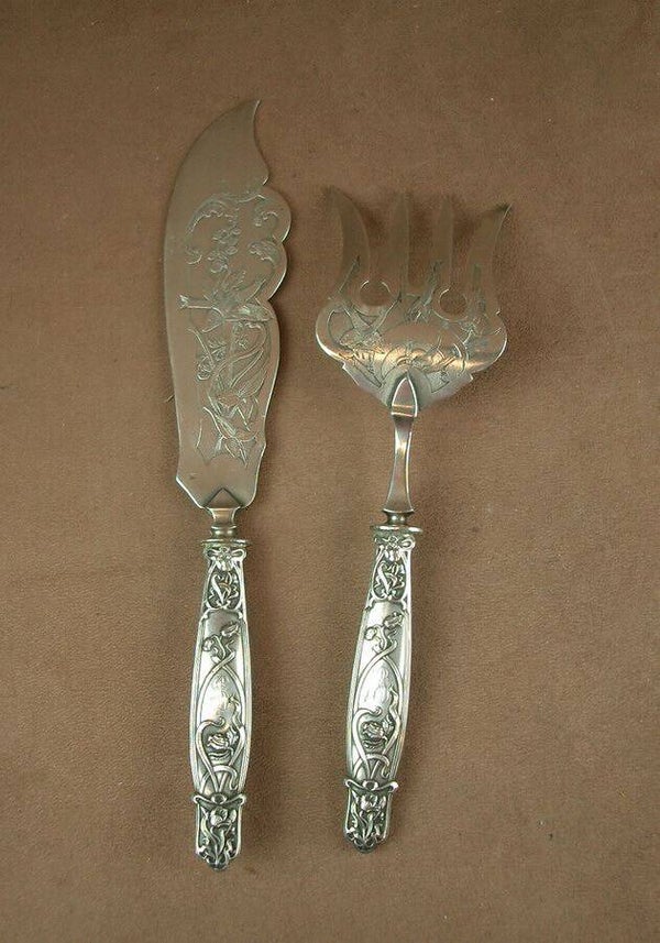 SUPERBE COUVERT DE SERVICE A POISSON ARGENT MINERVE ART NOUVEAU