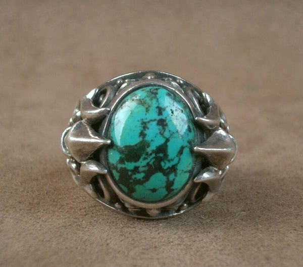Importante Bague en argent massif griffes félines et turquoise 34,11g