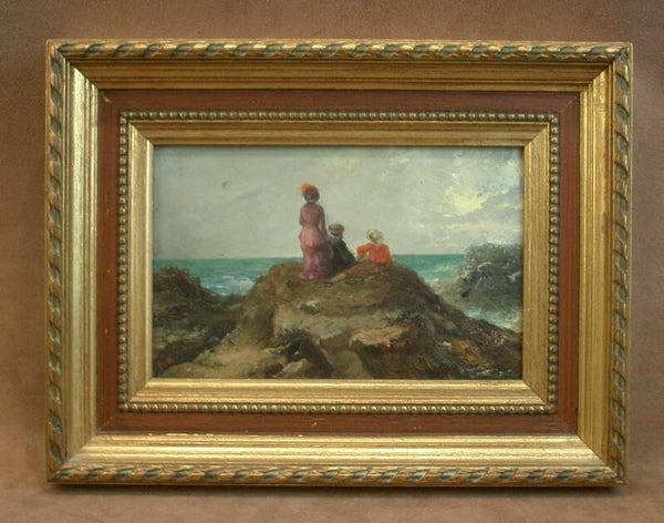 Belle peinture ancienne, huile sur panneau, fin du XIXe contemplation marine