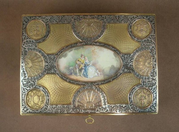 Beau coffret à bijoux en laiton doré et argenté, miniature peinte XIXe siècle
