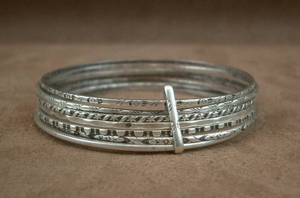 Bracelet ancien semainier 7 joncs en argent massif