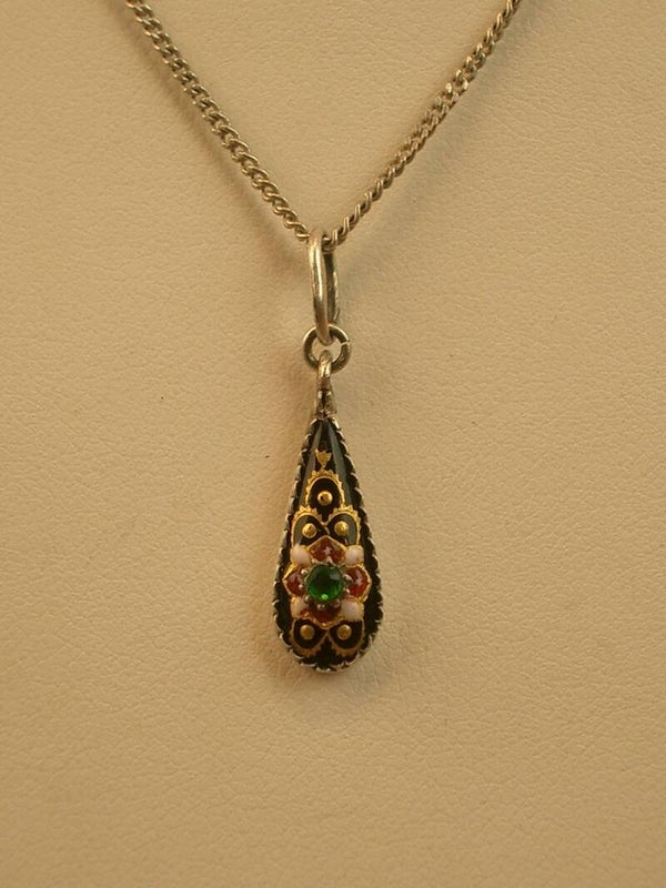 Bel ancien pendentif forme goutte en argent massif et émaux bressans