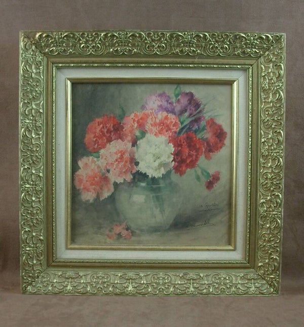 Aquarelle par Marcelle Bonnardel (1879 – 1966), école Lyonnaise, nature morte au bouquet de fleurs