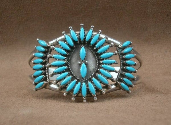 Large bracelet manchette en argent massif et turquoise, Amérindien Zuni