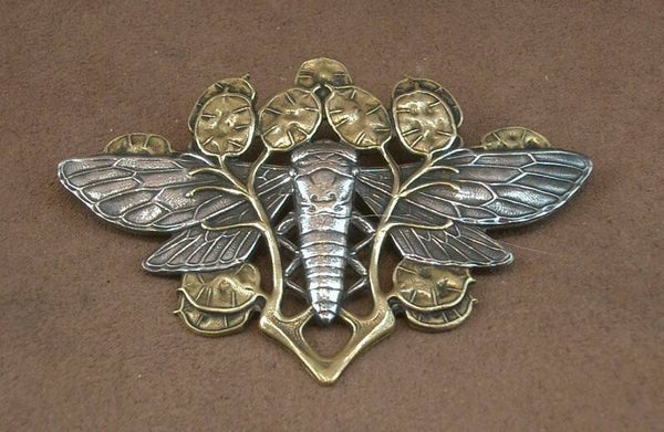 Grosse broche ancienne Art Nouveau Papillon en métal argenté et doré