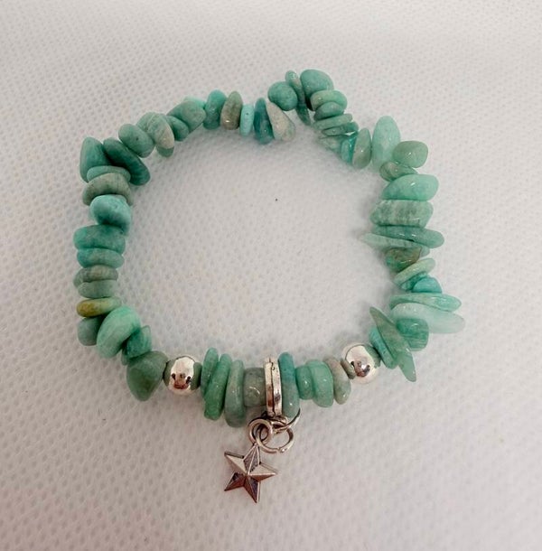Bracelet - Amazonite Chips, Silver Star Charm with Silver Ball Spacers