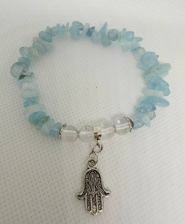 Bracelet - Aquamarine Chips, Clear Quartz Beads, Hamza Charm