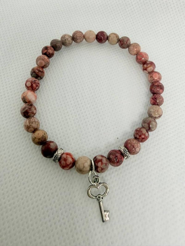 Bracelet - Chrysanthemum Jasper, Silver Key Charm