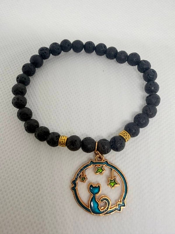 Bracelet - Lava Stone, Blue Enamel Cat In the Moon Charm