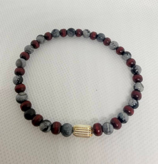 Bracelet - Snowflake Obsidian, Mahogany Wood Beads, Silver Oval Spacer