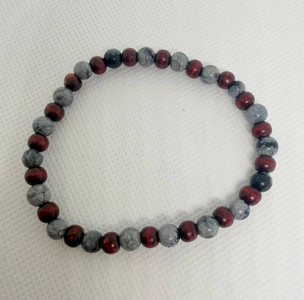 Bracelet - Snowflake Obsidian and Mahogany Wood Beads