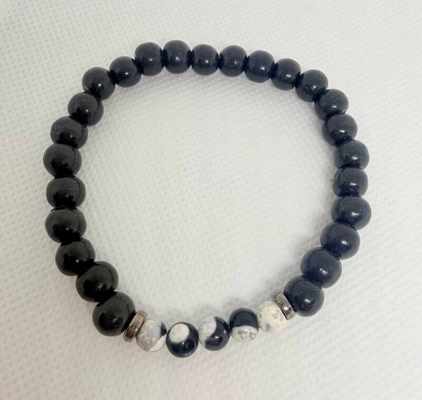 Bracelet - Black wood Beads, Zebra Jasper, Silver Spacers