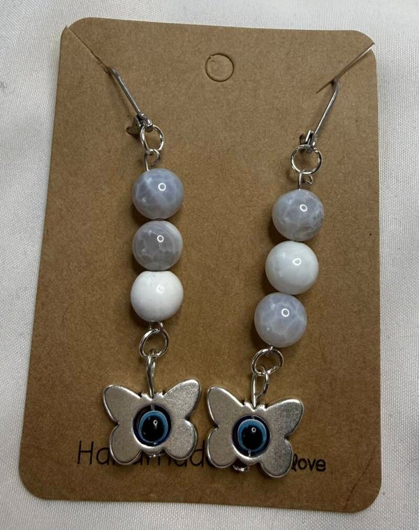 Earrings - White Fire Agate Beads and Nazar Butterflies