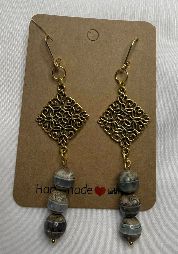 Earrings - Natural Stone Tibetan Style Line Dzi Beads