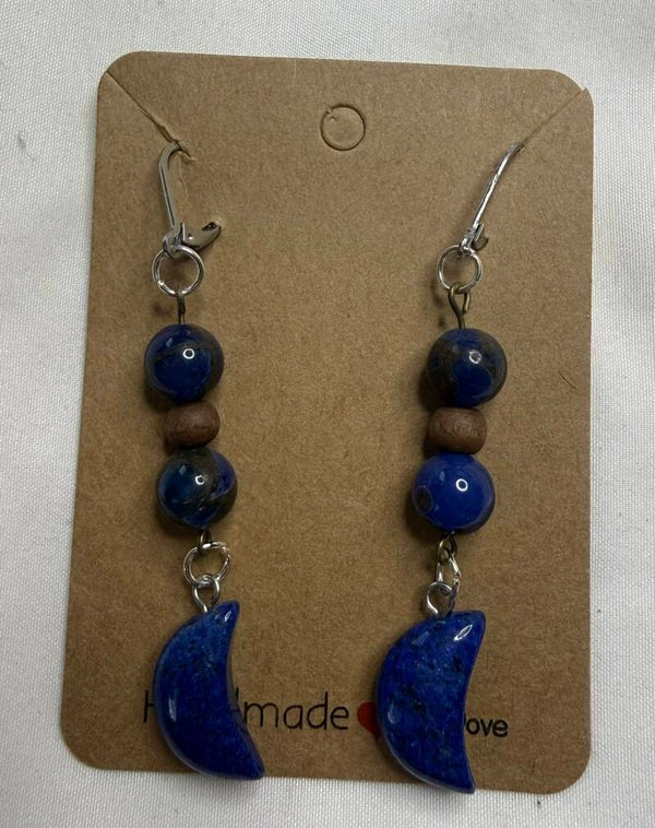 Earrings - Dark Blue Golden Chalcedony and Lapis Lazuli Moons