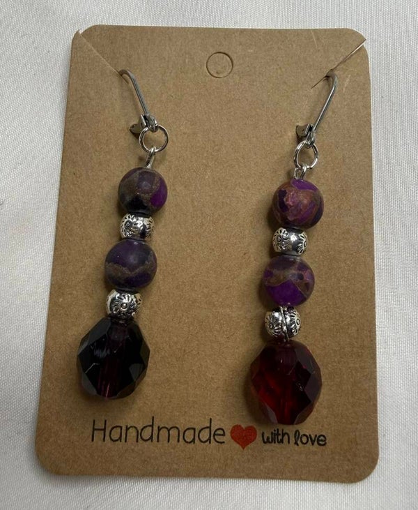 Earrings - Natural Cloisonne Matte Purple Jasper Beads
