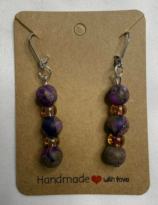 Earrings - Natural Cloisonne Matte Purple Jasper Beads