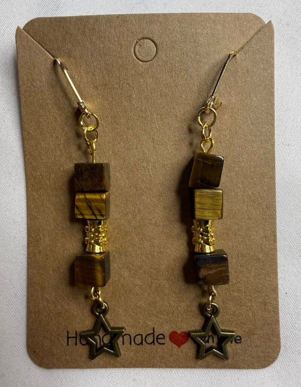 Earrings - Brown Tiger's Eye Square Beads