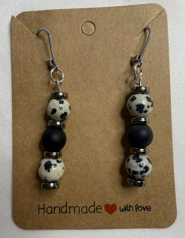 Earrings - Dalmation Jasper and Matte Onyx Beads