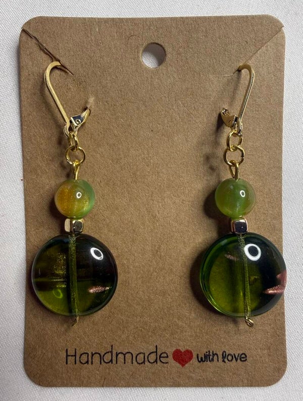 Earrings - Golden Green Glass Beads