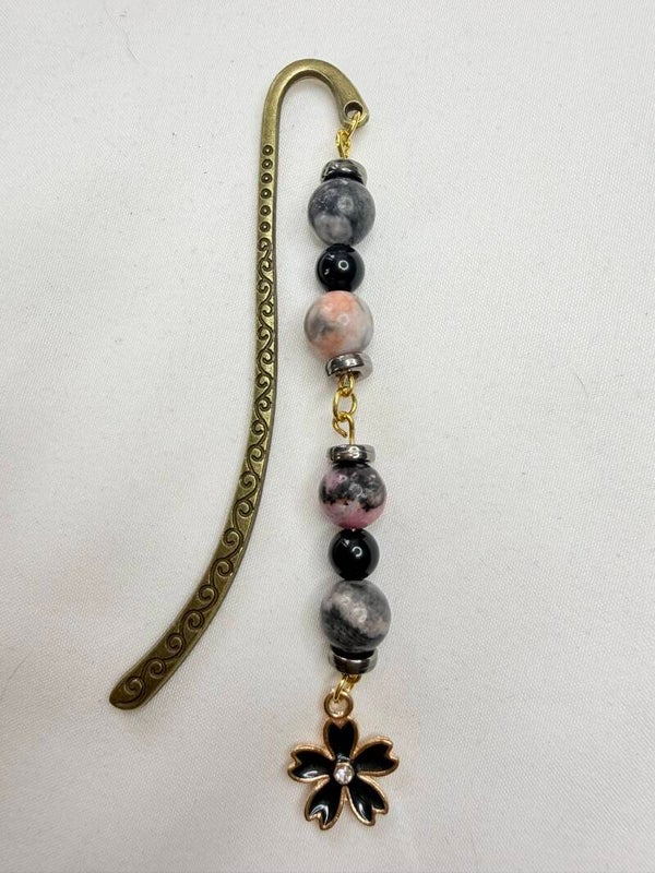 Bookmark - Pink Zebra and Black Obsidian Beads