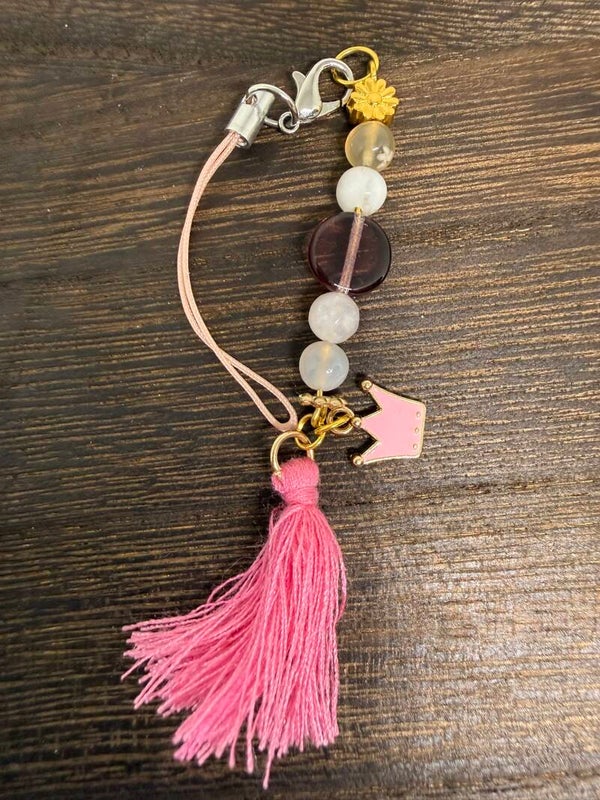 Charm - Flower Agate, Pink Crown Charm and Pink Tassel