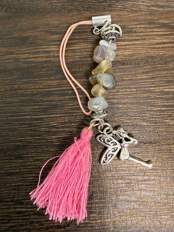 Charm - Botswana Agate Chips, Angel Charm and Pink Tassel