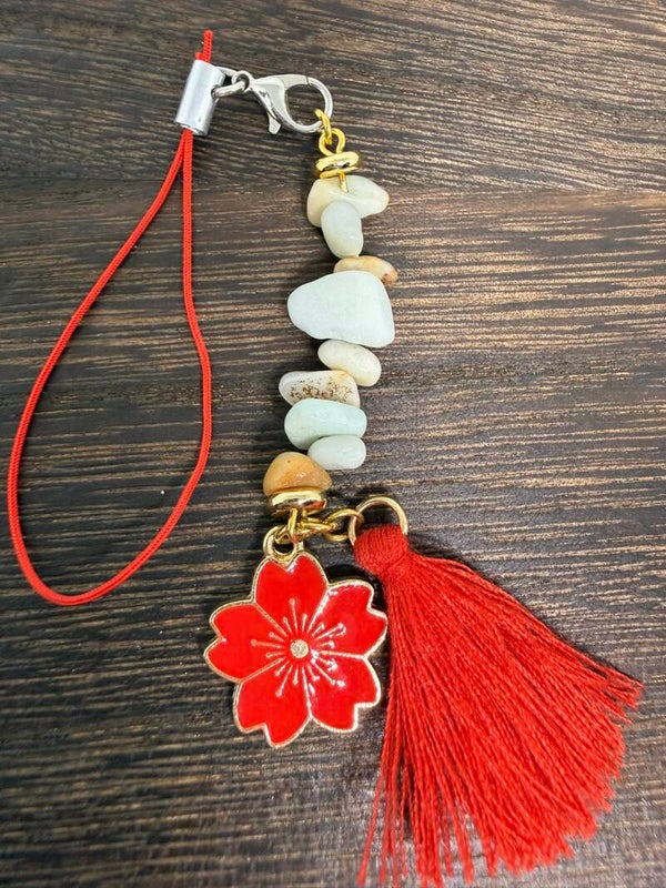 Charm - Caribbean Calcite Chips, Red Enamel Flower and Red Tassel