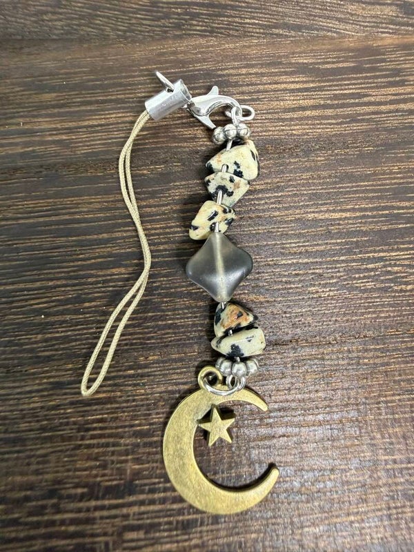 Charm - Dalmatian Jasper Chips, Antique Moon and Star Charm